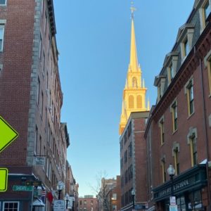 Old North Church steeple glowing in sunset