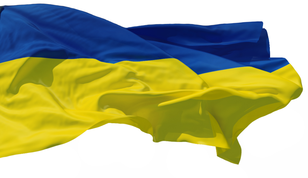 Ukrainian flag flies against white background