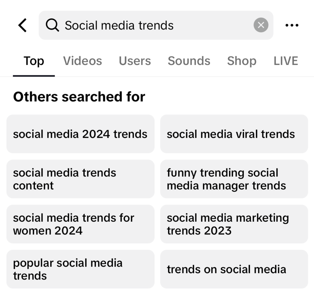Social Media trends searched in the search function of TikTok